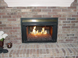 brick fireplace ideas using glass stones