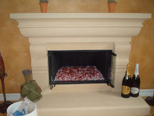 fireplace with red fireglass