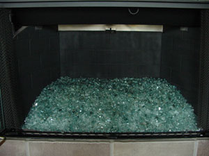 green glassfire in black painted fireplace